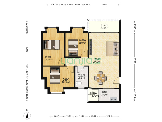 吉豪花园 3室1厅1卫 85平方