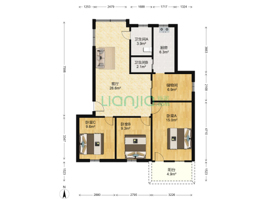 东川路91号大院 3室1厅2卫 100平方