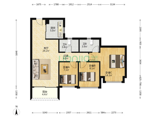 中海文锦国际 3室1厅2卫 84平方
