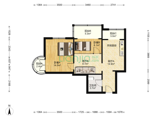 天娇园 2室2厅1卫 74平方