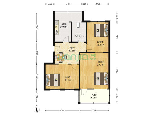 市总工会宿舍 3室1厅1卫 95平方