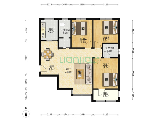弘盛現代城 3室2厅2卫 109平方
