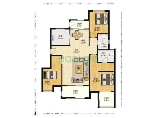 旭辉亚瑟郡 3室2厅2卫 131平方