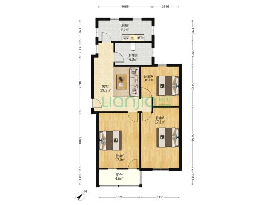 粮食局宿舍 3室1厅1卫 104平方