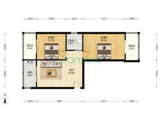 粮油局宿舍 2室1厅1卫 75平方