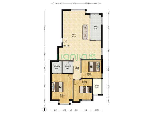 方城丽园 3室1厅2卫 130平方