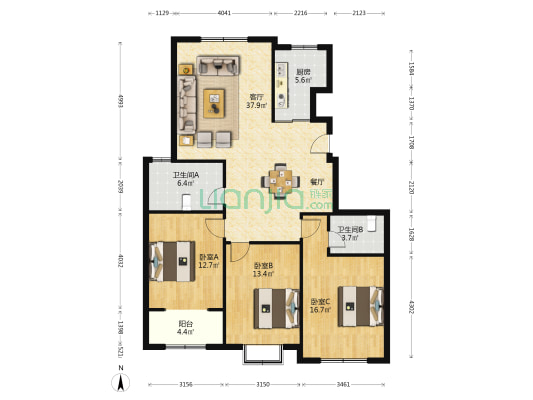 蓝堡湾一期艺镜天柱社区二期 3室1厅2卫 128平方