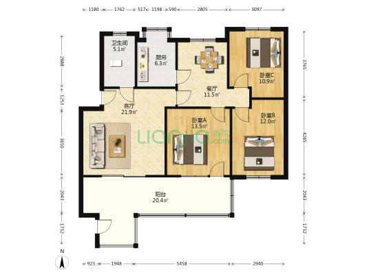高家坪小区 3室2厅1卫 107平方