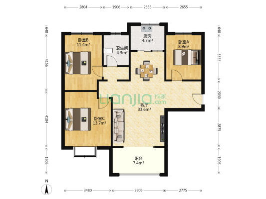 高铁新城 3室1厅1卫 113平方