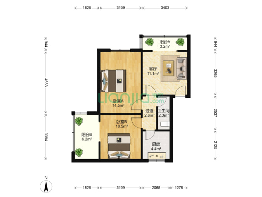 临江路36号 2室1厅1卫 63平方