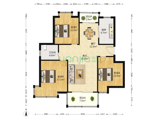 新月时代家园 3室2厅1卫 112平方