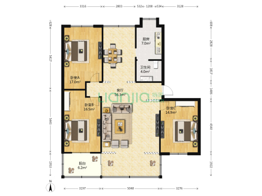 幸福北路 3室1厅1卫 137平方