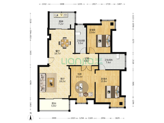 星海嘉苑 3室2厅2卫 122平方