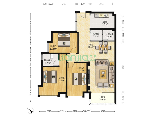 天寿大厦 3室1厅3卫 119平方