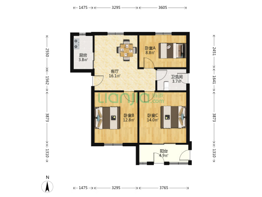 省轻工干校宿舍 3室1厅1卫 62平方