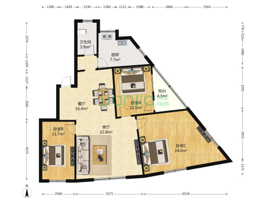 北京东路盐政大厦 3室2厅1卫 126平方