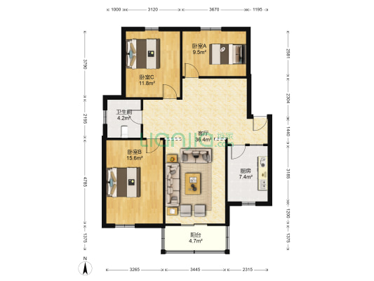 恒通公寓 3室1厅1卫 102平方