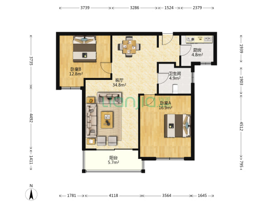 财富豪庭 2室1厅1卫 94平方