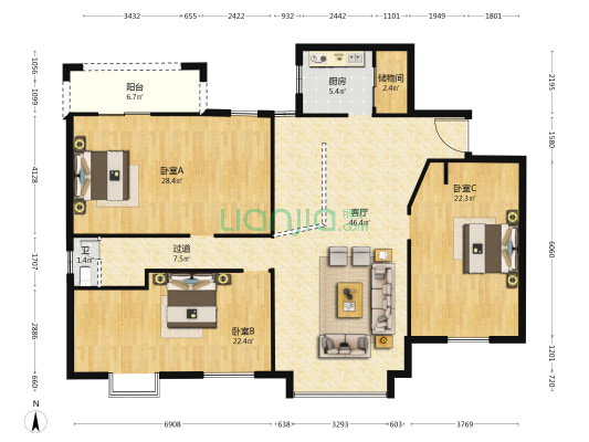 香滨左岸一组团 3室1厅1卫 173平方