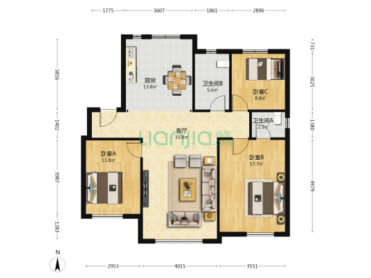 庆祥北里 3室1厅2卫 133平方