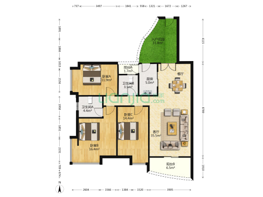 星河传说聚星岛B区 3室1厅2卫 127平方
