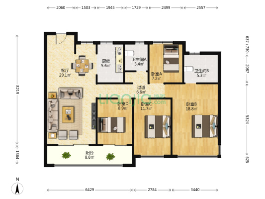 融信望湖宸院 4室1厅2卫 144平方