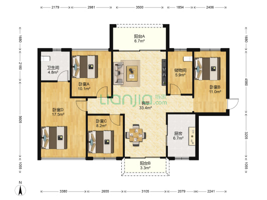 越亚天赐锦园 4室1厅1卫 110平方