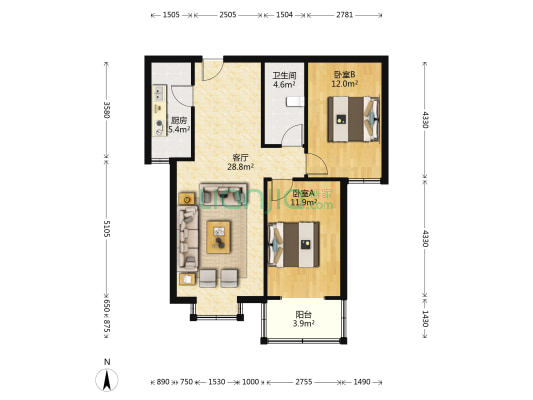 水岸花城 2室1厅1卫 91平方