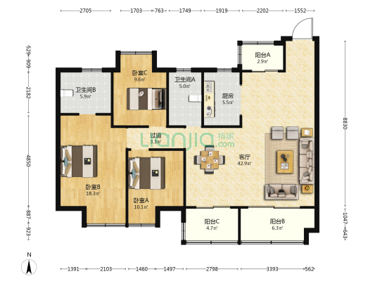 颐和春晓岸芷轩 3室1厅2卫 142平方