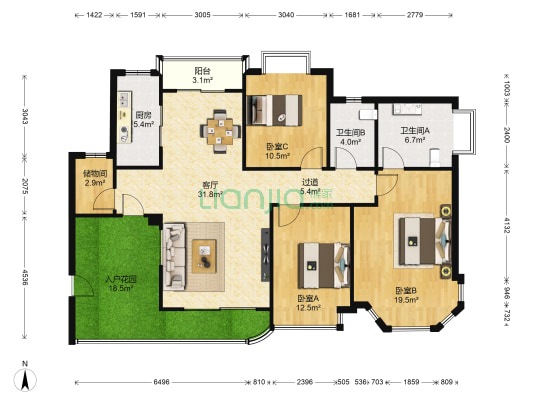 南京恒大绿洲 3室1厅2卫 140平方