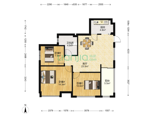 保利中心 3室1厅1卫 90平方