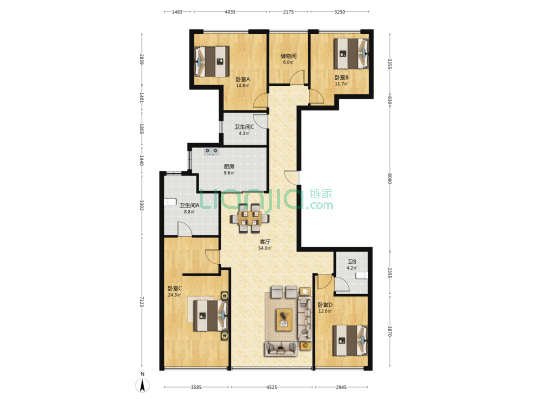 红橡春园 4室1厅3卫 192平方