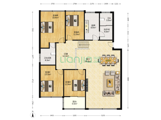 乡镇企业局宿舍 4室1厅3卫 178平方