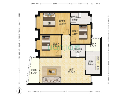 东成花园 3室1厅2卫 93平方