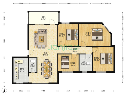 黄家塘52号 4室1厅2卫 131平方