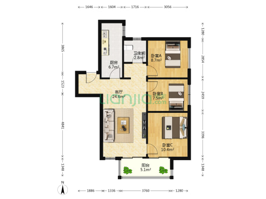 美景麟起城一号院 3室1厅1卫 89平方