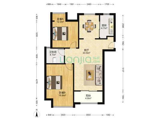 润城国际 2室1厅1卫 92平方