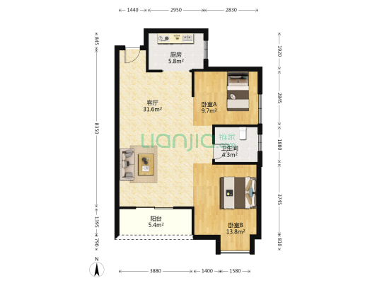 名流仕家 2室1厅1卫 88平方