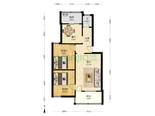 源东小区 2室2厅1卫 67平方