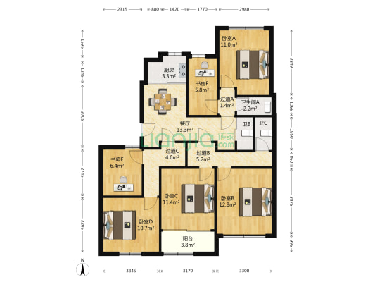 清莲小区北区 6室1厅3卫 122平方