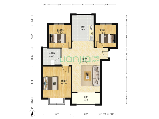 南北通透三居集中供暖 人车分流 保利物业管家式服务-户型图