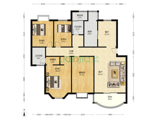 大洋湖滨花园 3室2厅3卫 160平方