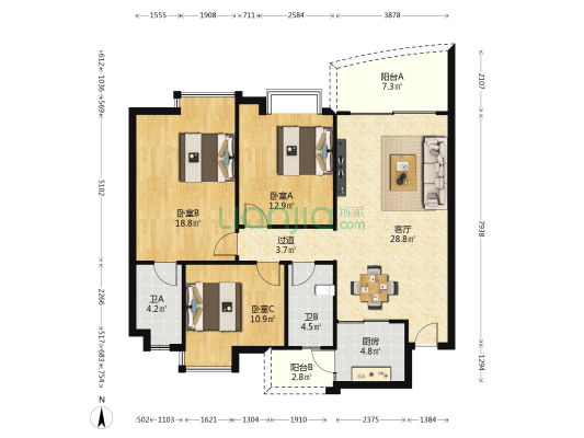 和基花园北区 3室1厅2卫 121平方