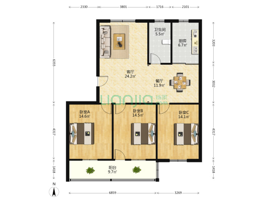 蒲行苑 3室2厅1卫 119平方