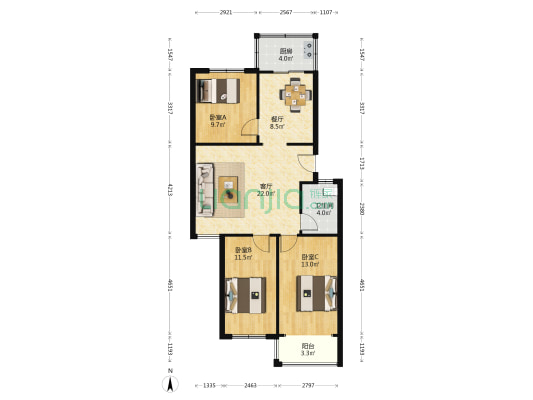德源小区 3室2厅1卫 95平方