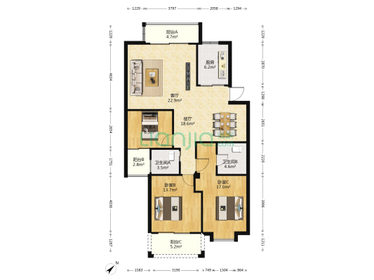 麒麟苑 3室2厅2卫 120平方