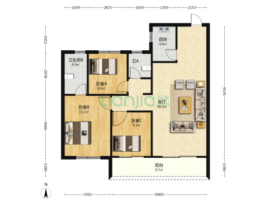横屿花园 3室1厅2卫 120平方