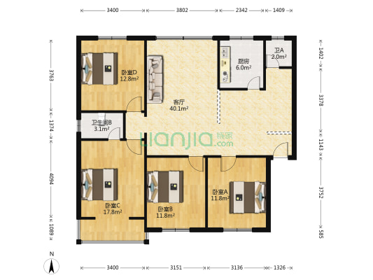 四合院 4室1厅2卫 126平方