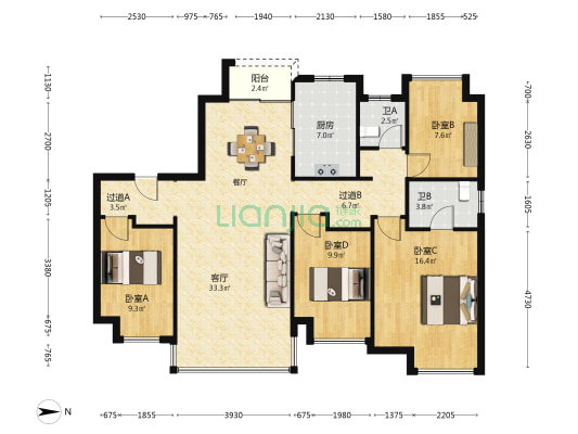 中国铁建国际城 4室1厅2卫 125平方