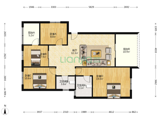 观澜半岛 4室1厅2卫 108平方